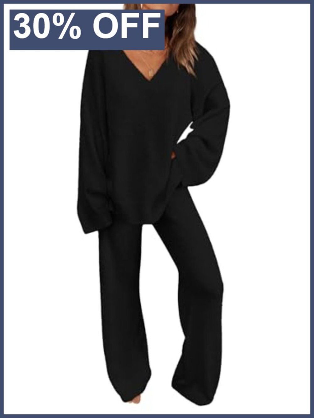 Womens Fuzzy Knit 2 Piece Lounge Set V Neck Sweater Wide Leg Pants Pajama